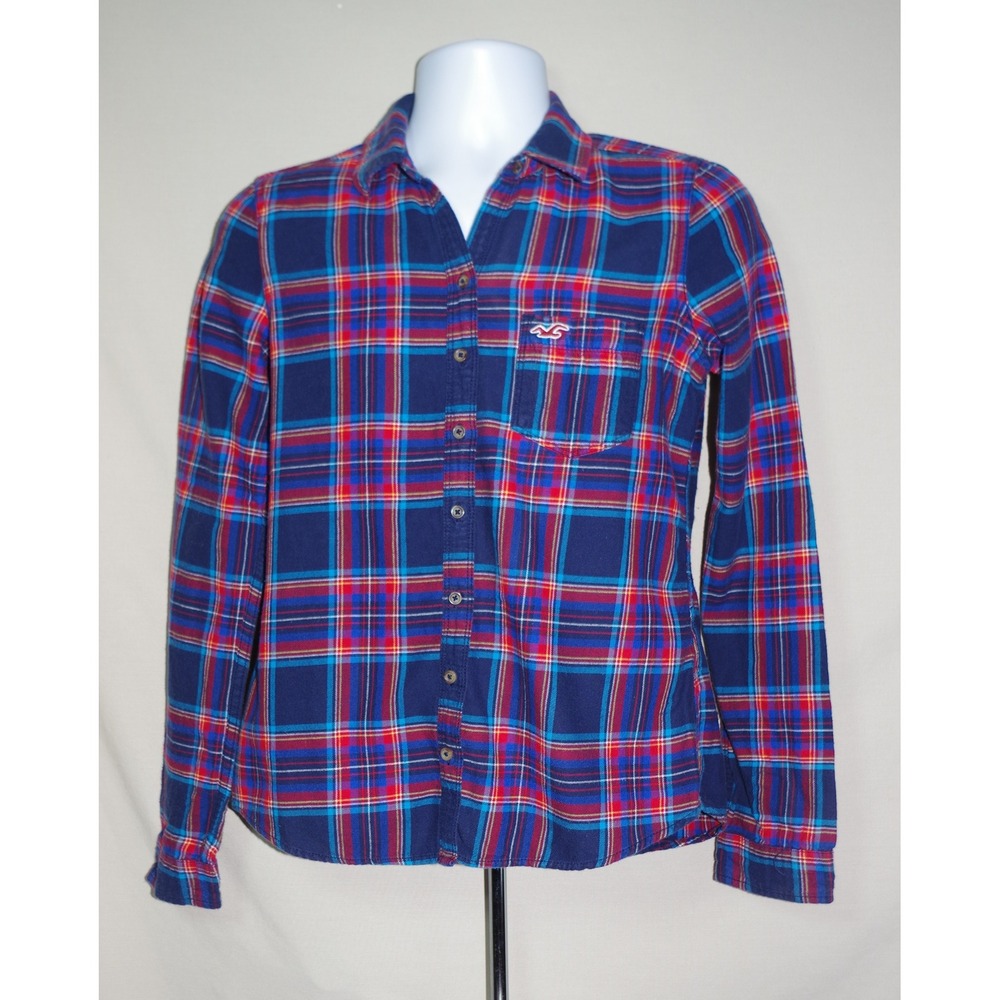Hollister California Womens Large Blue Red Plaid Flannel Button Down Shirt Logo